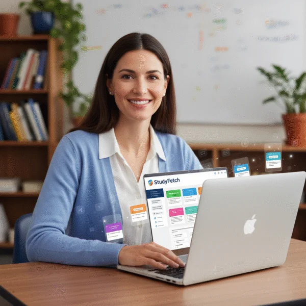 Teacher using StudyFetch on a laptop, creating AI-generated quizzes and flashcards for classroom efficiency.