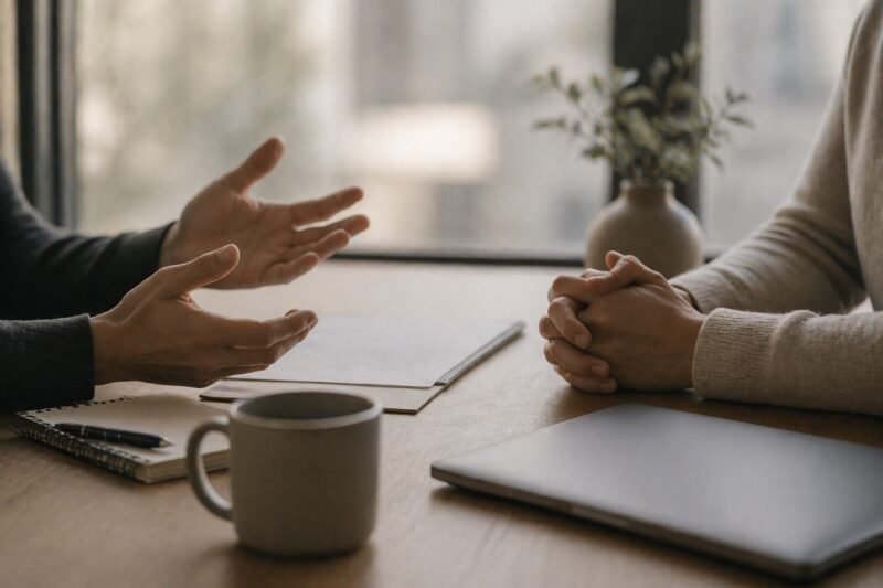 Two people in conversation, but only hands or silhouettes visible.