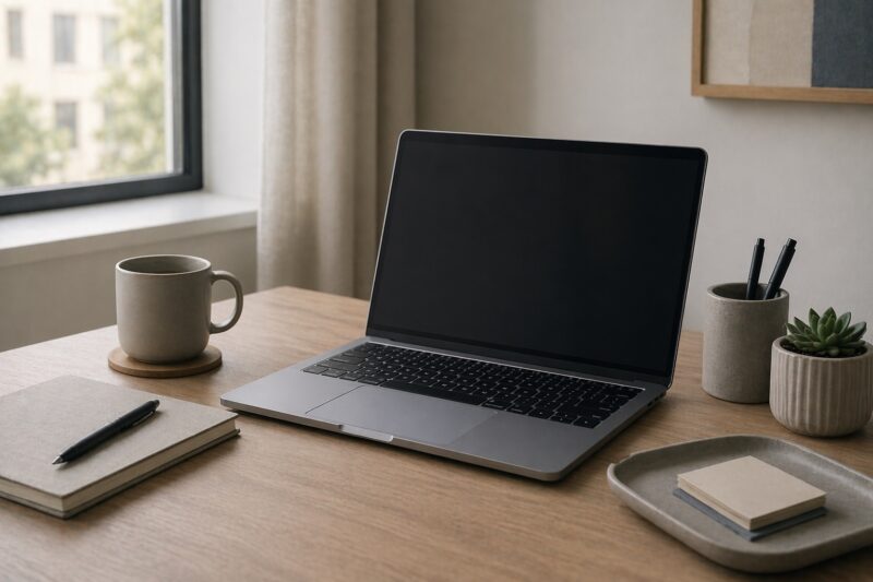A modern laptop on a clean desk with soft daylight, a simple coffee mug, and minimal accessories.