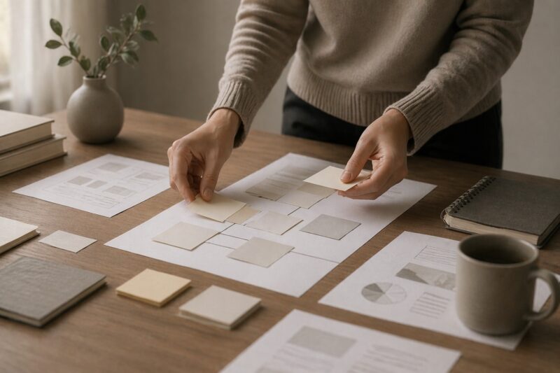 Hands arranging papers or sticky notes on a tidy desk, all in muted colors.