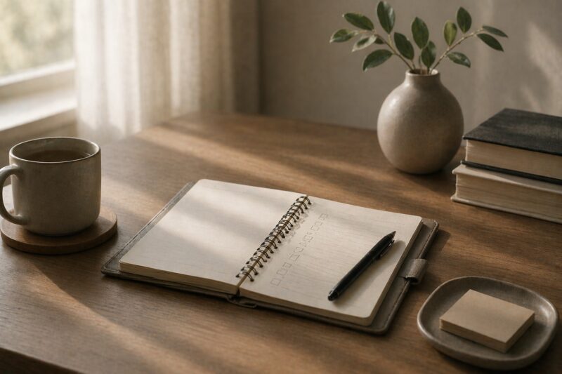 A tidy workspace with a small planner or checklist, a pen, and soft shadows.