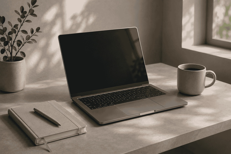 A modern laptop on a clean desk with soft daylight and minimal accessories, creating a quiet digital‑work environment.