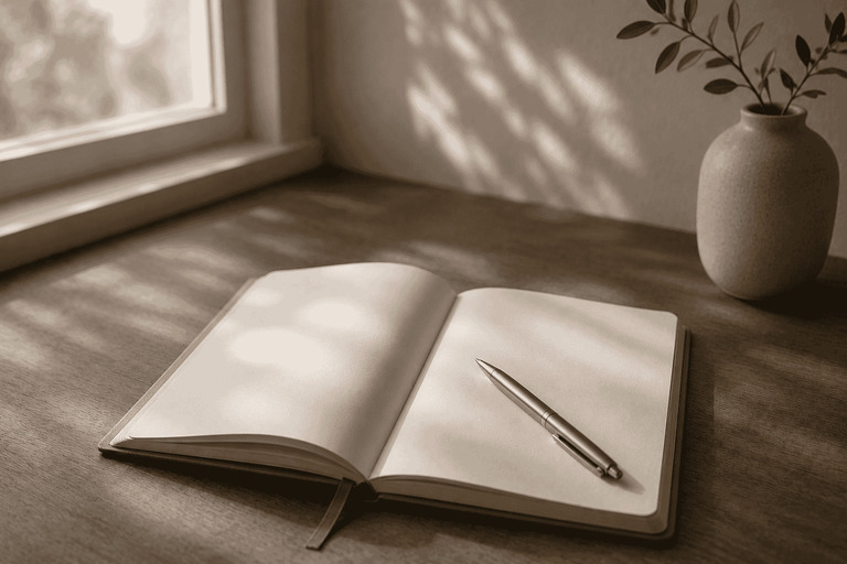A softly lit desk with an open notebook and a pen resting across the page, creating a calm, focused workspace.