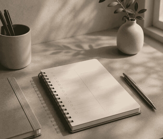 A tidy workspace with a small planner, a pen, and soft natural shadows, suggesting order and simple systems.