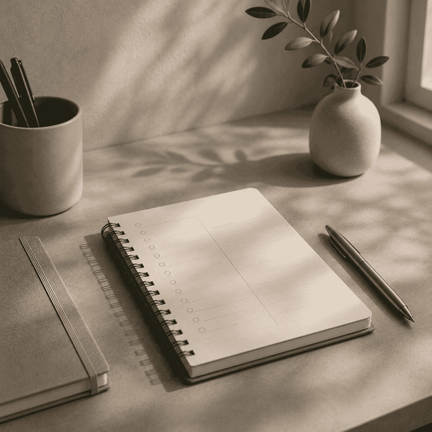A tidy workspace with a small planner, a pen, and soft natural shadows, suggesting order and simple systems.