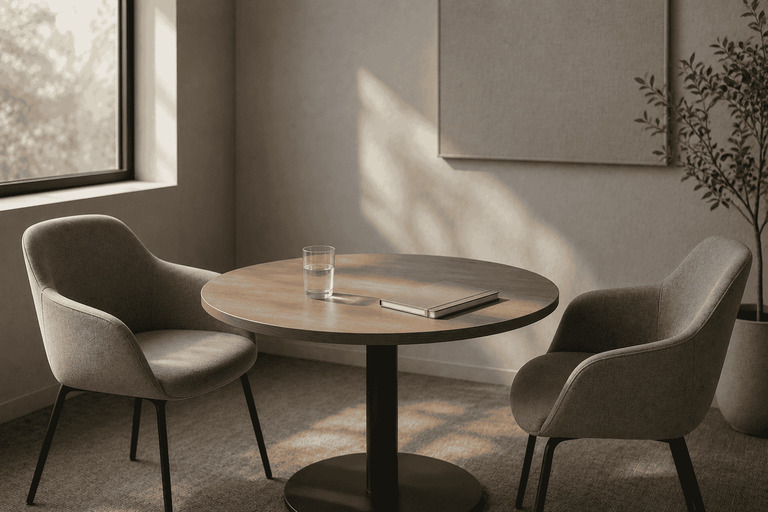 A small round table with two chairs in soft natural light, with a glass of water and a closed notebook arranged neatly.