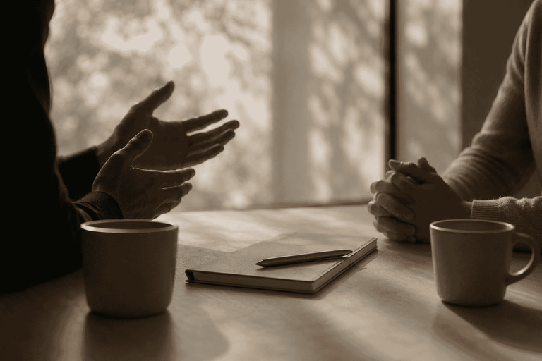 Two people in conversation with only hands and silhouettes visible, a notebook and pen on the table between them.